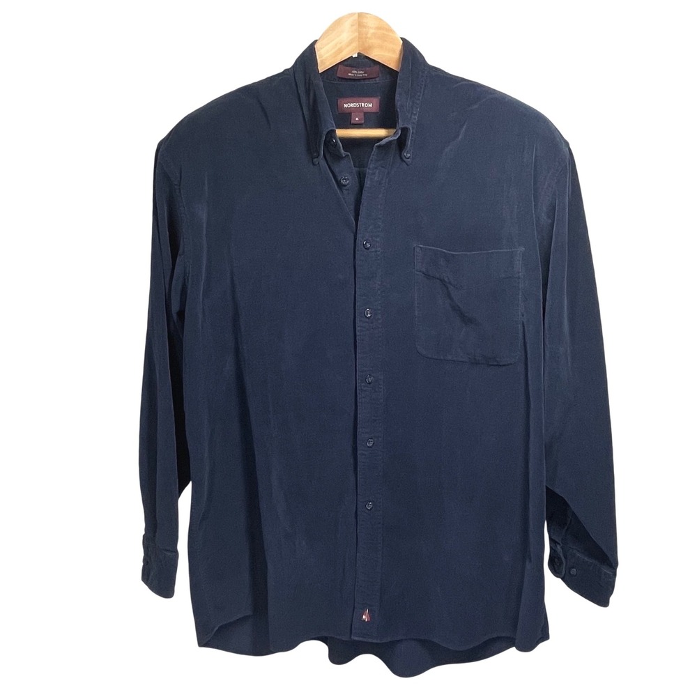 Vintage Nordstrom Mens XL Navy Blue Fine Wale Corduroy Button Down Shirt *READ